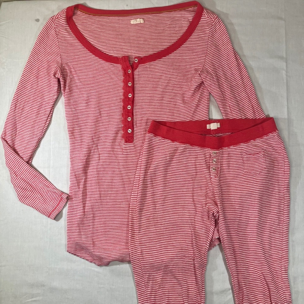 Aerie Womens Red White Striped Waffle Knit Pajama Set Henley Top Leggings Small